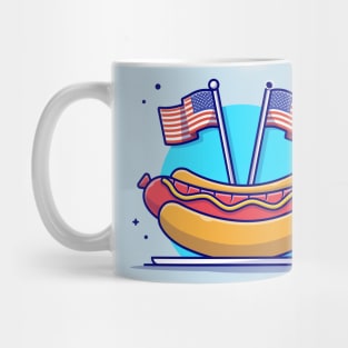 Tasty Hotdog on Plate with USA Independence Day Flag And Balloon Cartoon Vector Icon Illustration Mug